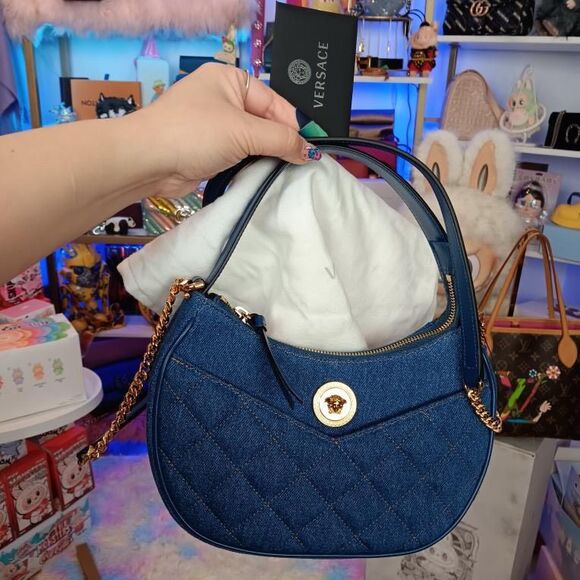 New Versace Denim Calfskin Quilted Medusa Half Moon Shoulder Bag Blue - Picture 1 of 11